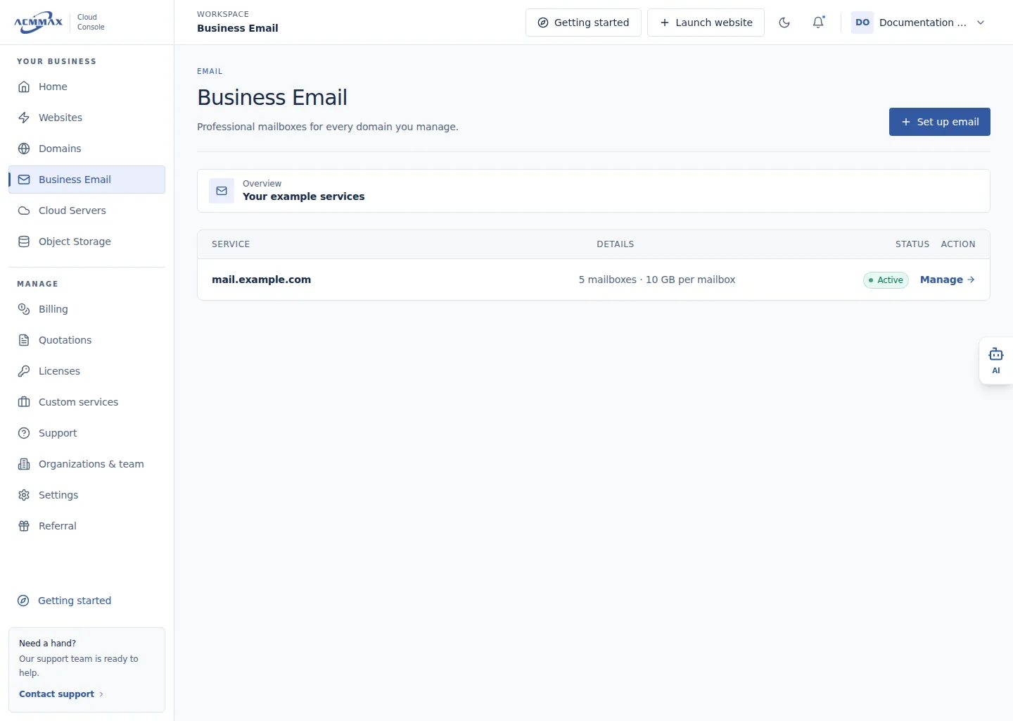 Manage Business Email in the ACMMAX Cloud Console