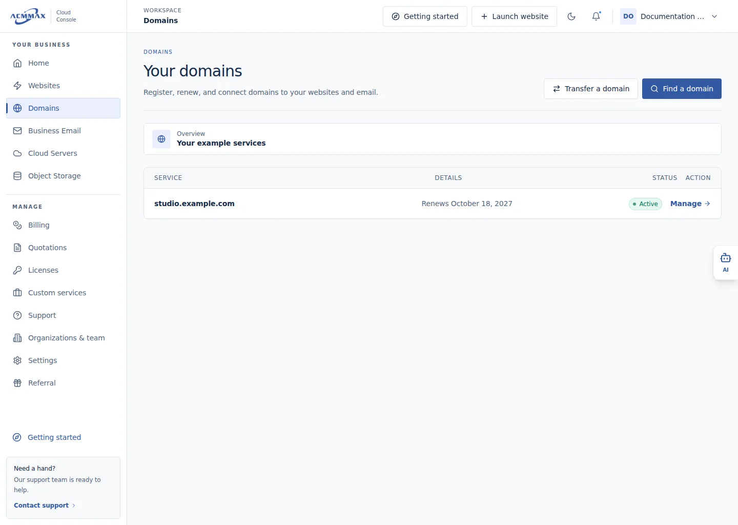 Manage domains in the ACMMAX Cloud Console