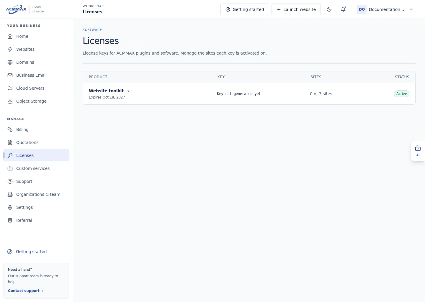 Manage licenses in the ACMMAX Cloud Console