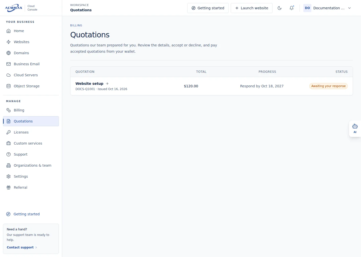 Manage quotations in the ACMMAX Cloud Console