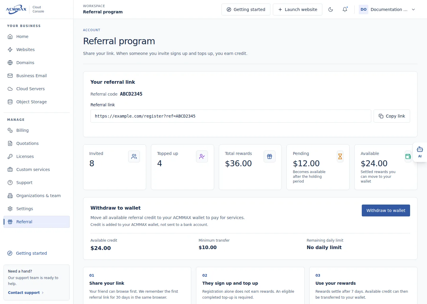 Use the Referral program in the ACMMAX Cloud Console